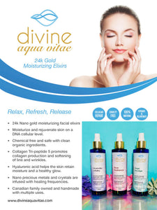 Divine Aqua Vitae, sumptuous natural scents including sage, rose and lavender. Our elixirs are enriched with silk and collagen tri-5 peptides, hyaluronic acid, organic essential oils, nano copper, nano silver, and nano zinc. Infused with specific crystals and anti-aging, homeopathic-style frequencies, this product is designed to help your skin look and feel younger, minimize fine lines, and remedy dryness