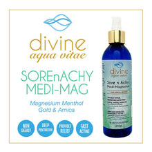 Load image into Gallery viewer, This soothing and cooling magnesium, arnica, and menthol spray by Divine Aqua Vitae is fast acting and absorbing. It may help with growing pains, sore n achy muscles, cramping, and inflammation. Colloidal magnesium and 24k gold work to drive magnesium, arnica, and menthol deep into muscle cells with no greasy residue.