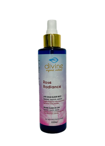 Divine Aqua Vitae. Rose Gold Hydrate. 24K gold moisturizing facial elixir with organic rose oil, hyaluronic acid, and peptides