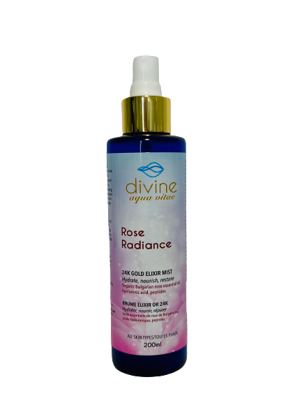 Divine Aqua Vitae. Rose Gold Hydrate. 24K gold moisturizing facial elixir with organic rose oil, hyaluronic acid, and peptides