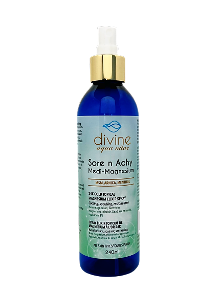 This soothing and cooling magnesium, arnica, and menthol spray by Divine Aqua Vitae is fast acting and absorbing. It may help with growing pains, sore n achy muscles, cramping, and inflammation. Colloidal magnesium and 24k gold work to drive magnesium, arnica, and menthol deep into muscle cells with no greasy residue.