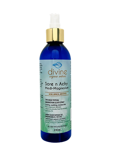 This soothing and cooling magnesium, arnica, and menthol spray by Divine Aqua Vitae is fast acting and absorbing. It may help with growing pains, sore n achy muscles, cramping, and inflammation. Colloidal magnesium and 24k gold work to drive magnesium, arnica, and menthol deep into muscle cells with no greasy residue.